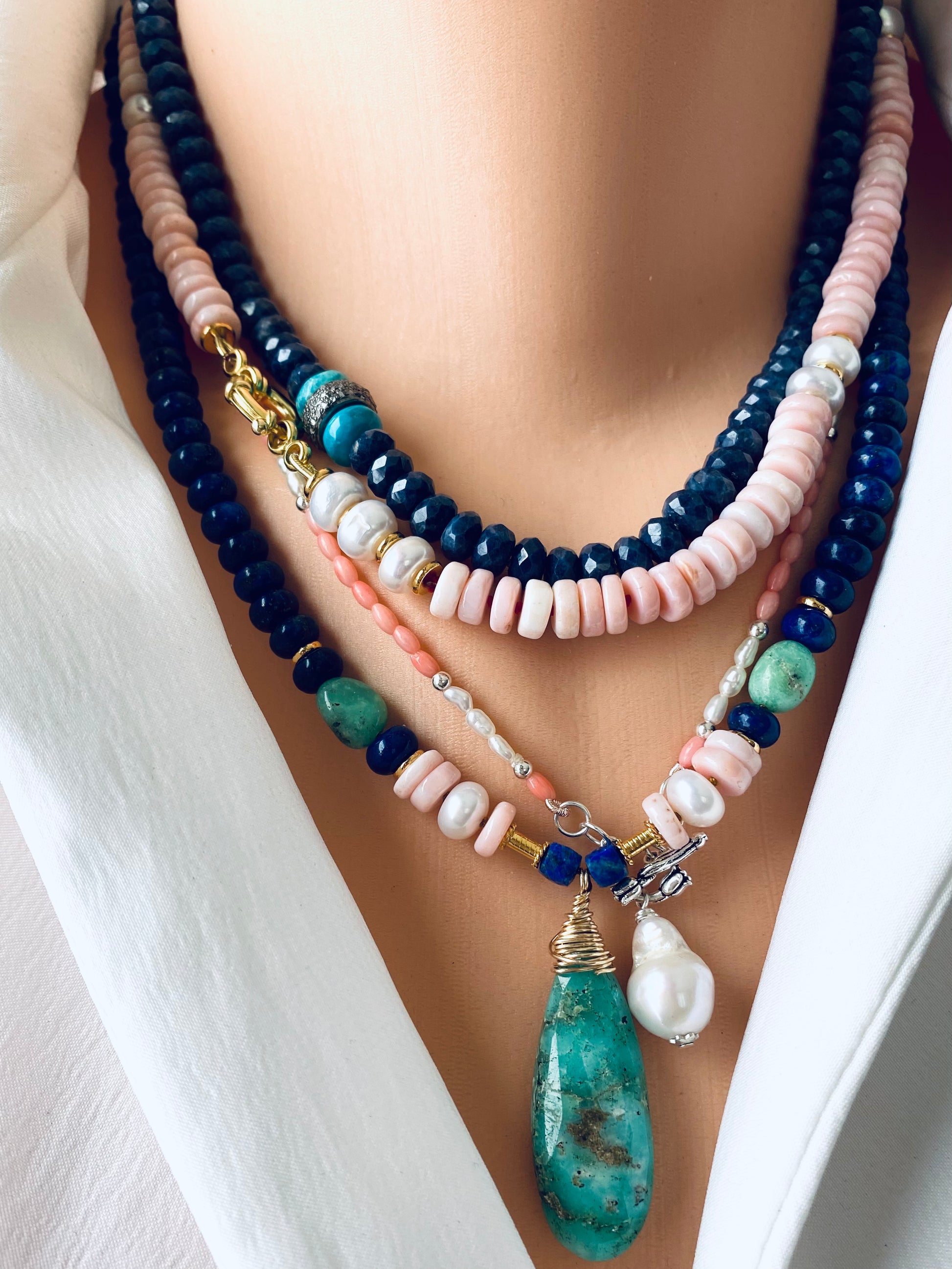 Lapis lazuli chrysoprase pink opal necklace showing blue lapis beads and pink opal accents