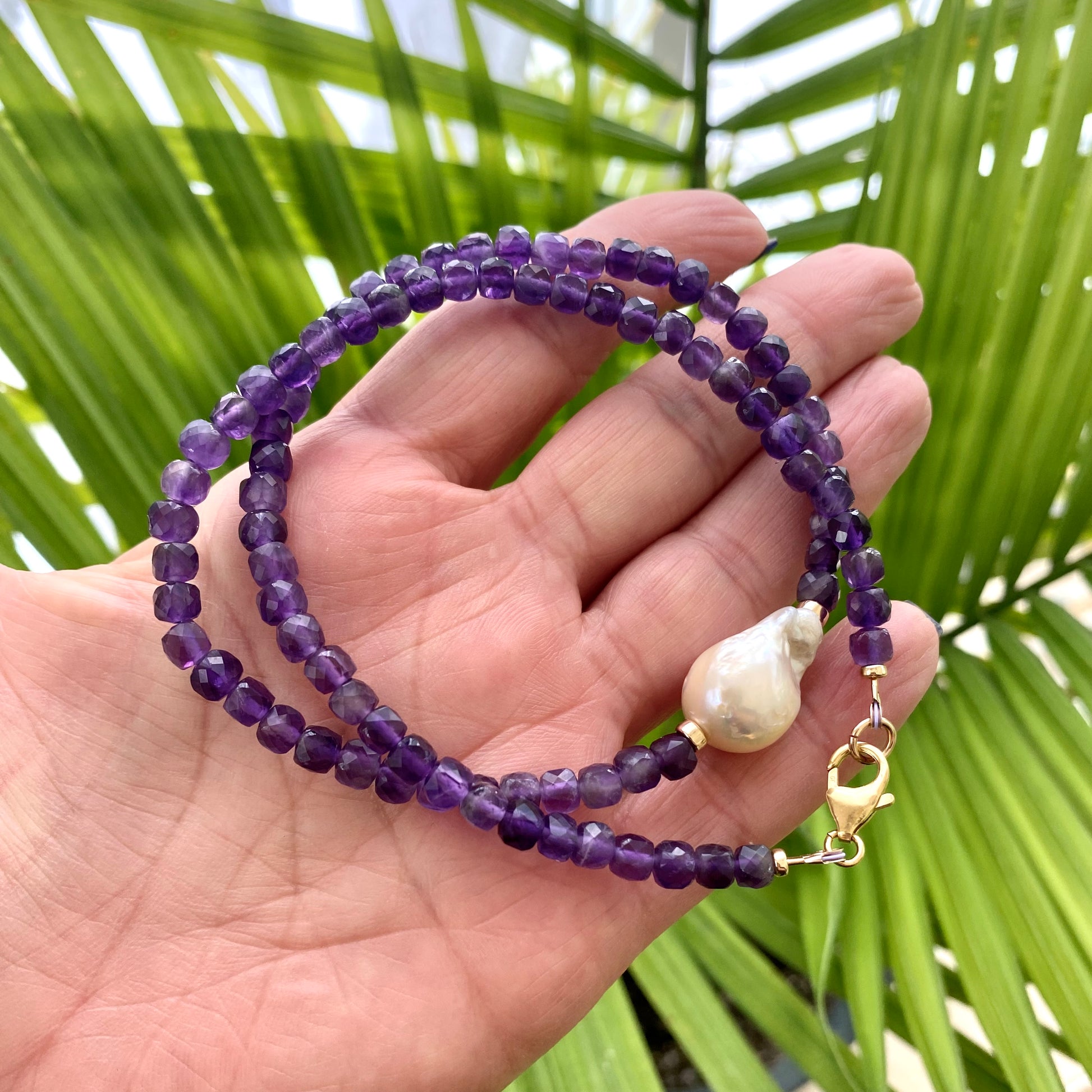 Amethyst baroque pearl necklace showcasing cube-cut amethyst beads and natural pearl