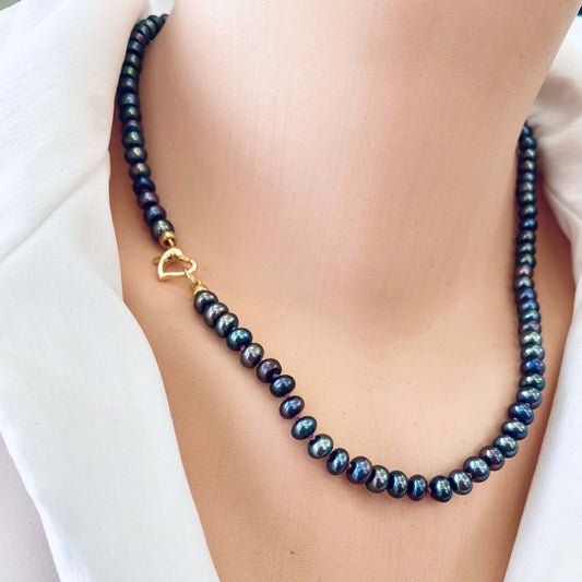 Black pearl necklace with chalcedony and chrysoprase styled as classic pearl strand without pendant