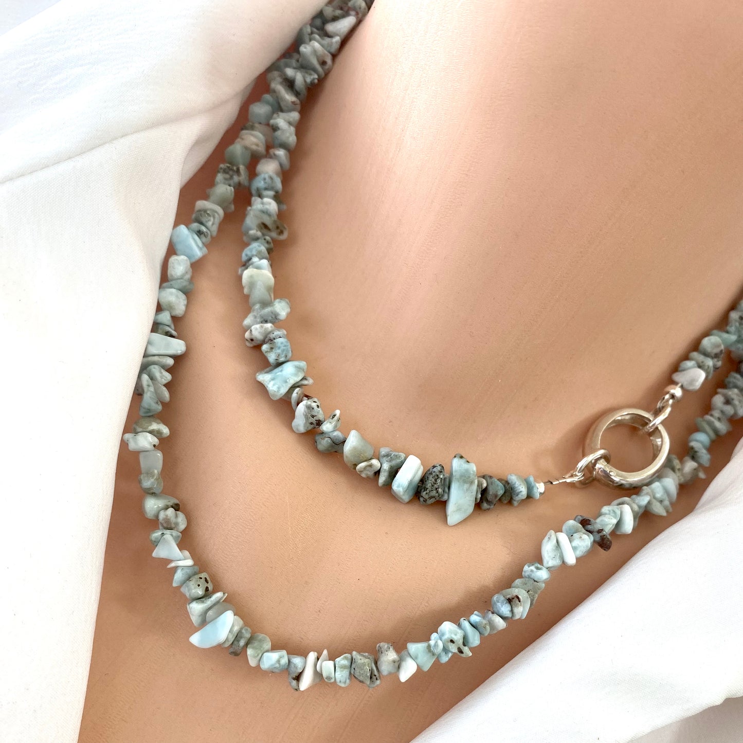Larimar necklace with pearl pendant worn doubled, layered larimar beads with sterling silver clasp