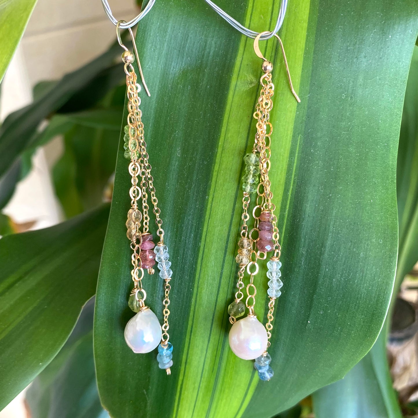 Long baroque pearl gemstone earrings handmade in Canada with natural gemstones
