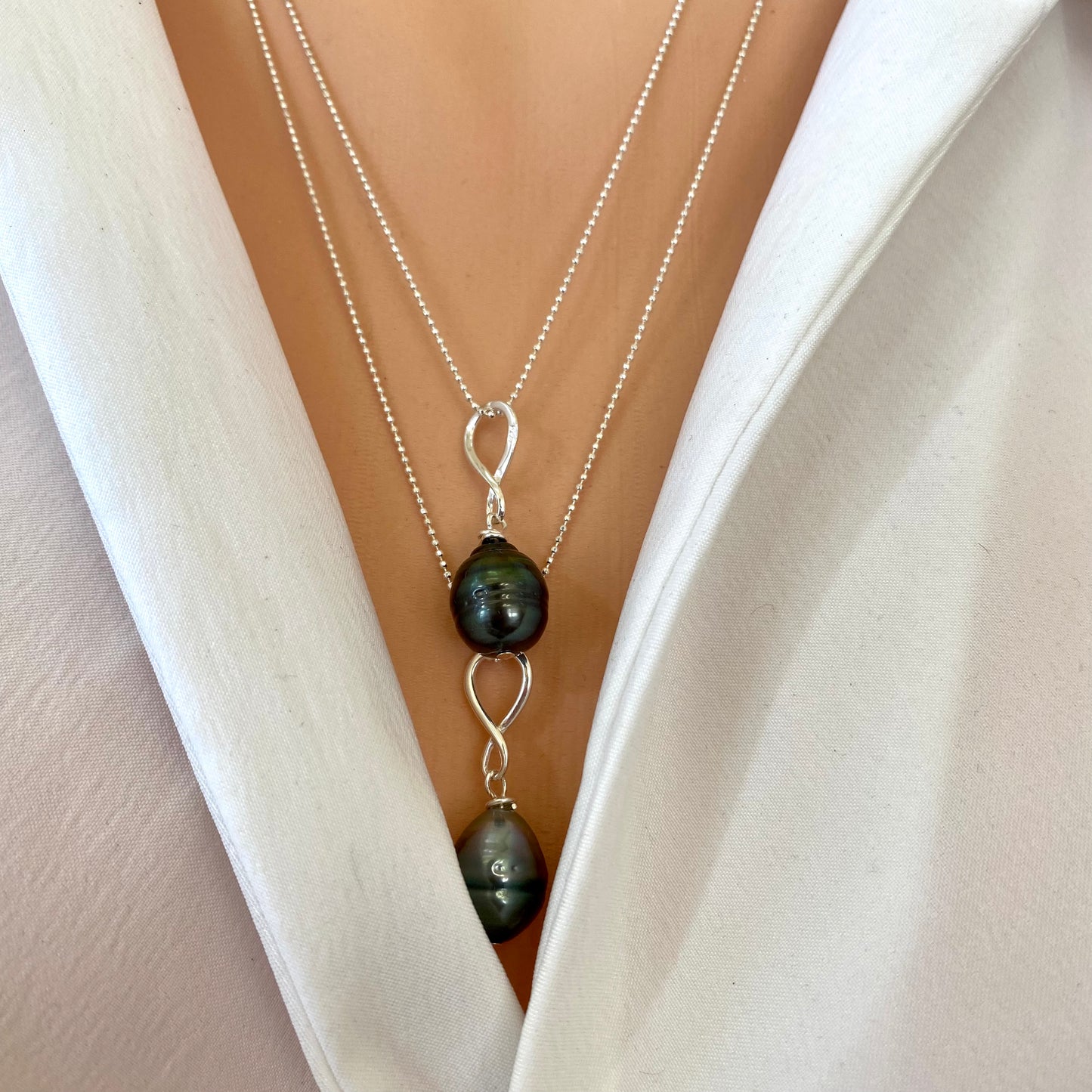 Tahitian teardrop pearl pendant necklace on model, sterling silver ball chain with baroque teardrop pearl