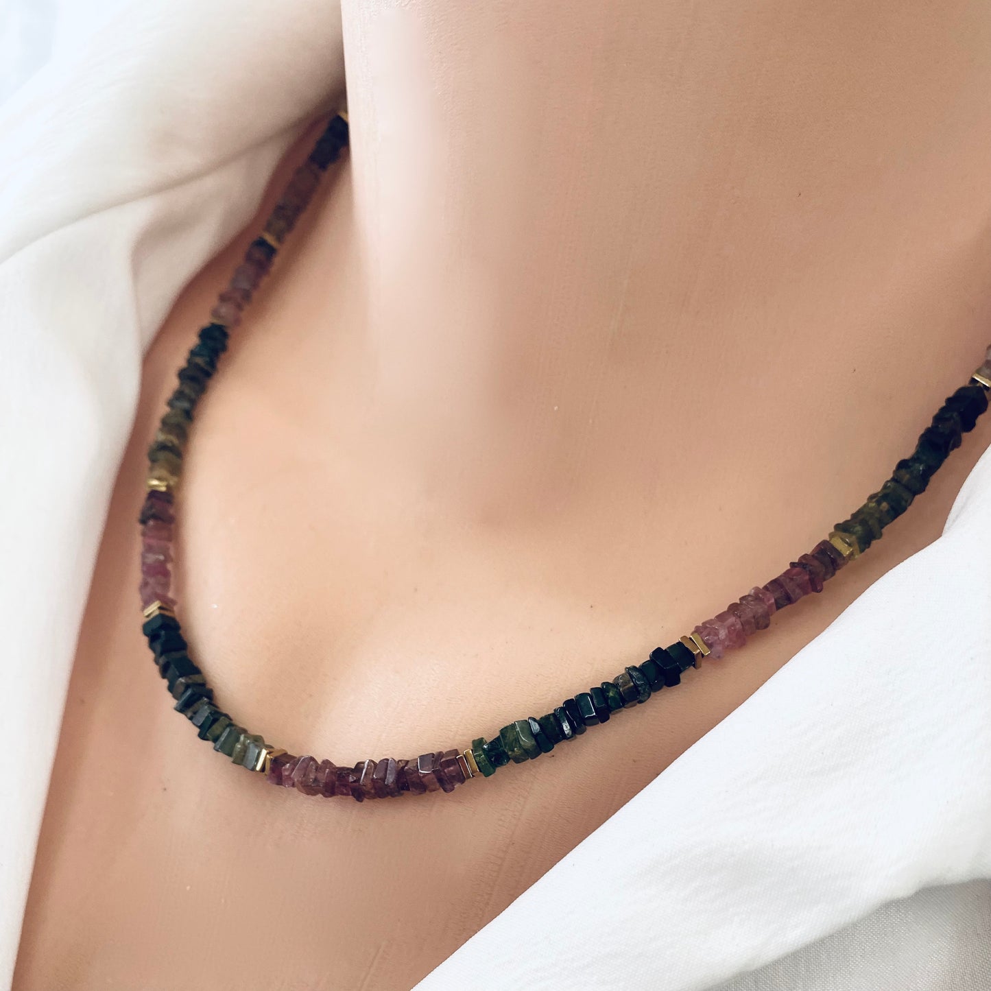 Tourmaline Necklace 14k Gold Filled worn close-up, dainty neckline layering necklace