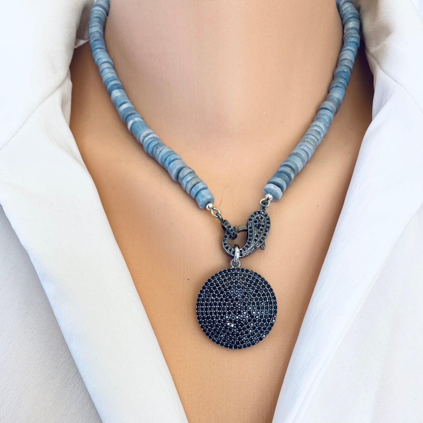 Oregon blue opal candy necklace close-up on neckline with oxidized silver spinel pendant, handcrafted in Canada