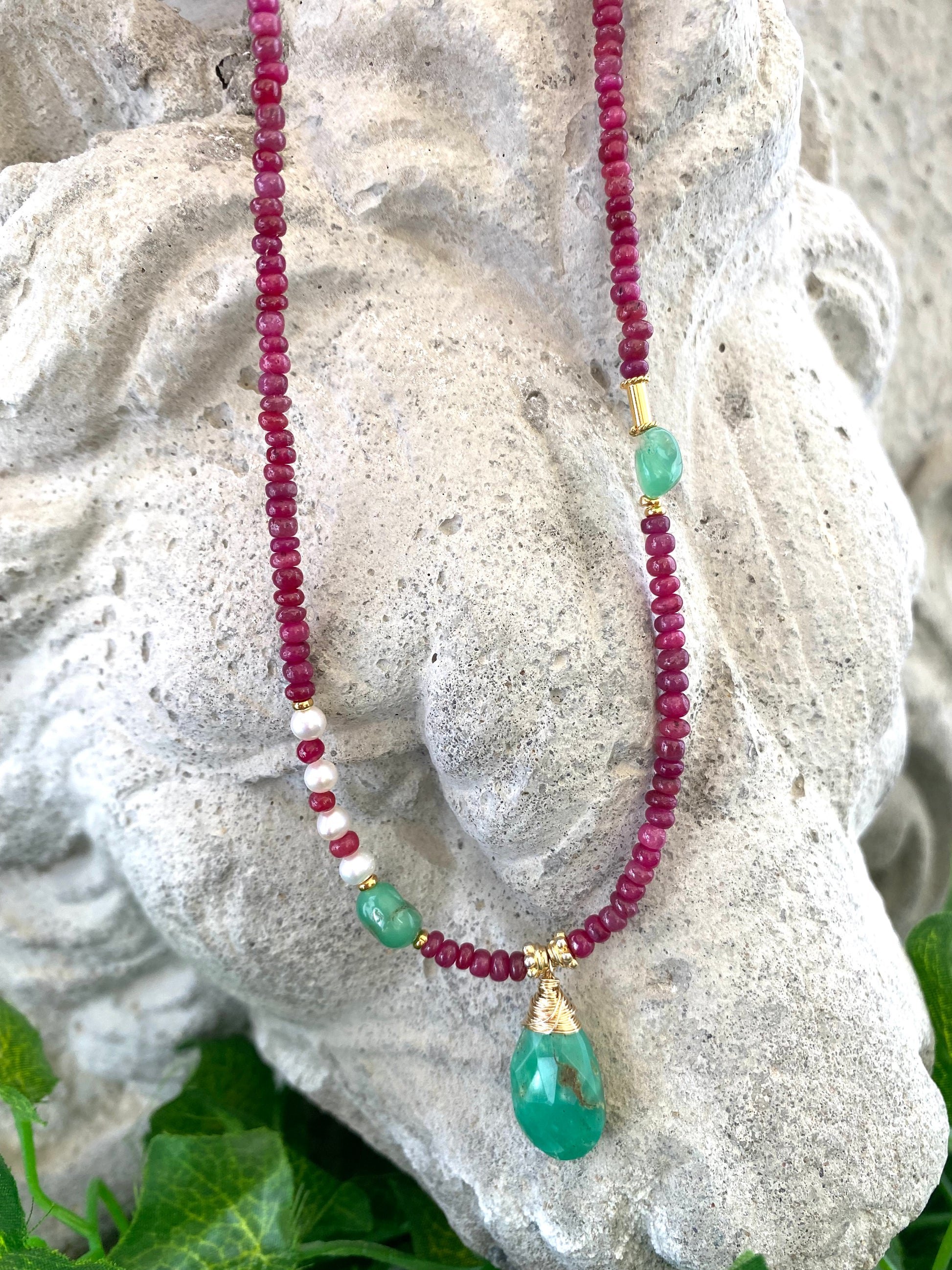 Chrysoprase ruby pearl necklace featuring ruby rondelles chrysoprase accents and tiny freshwater pearls