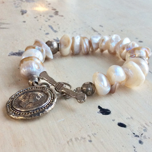 Baroque Pearl Charm Bracelet, Roman Coin Charm