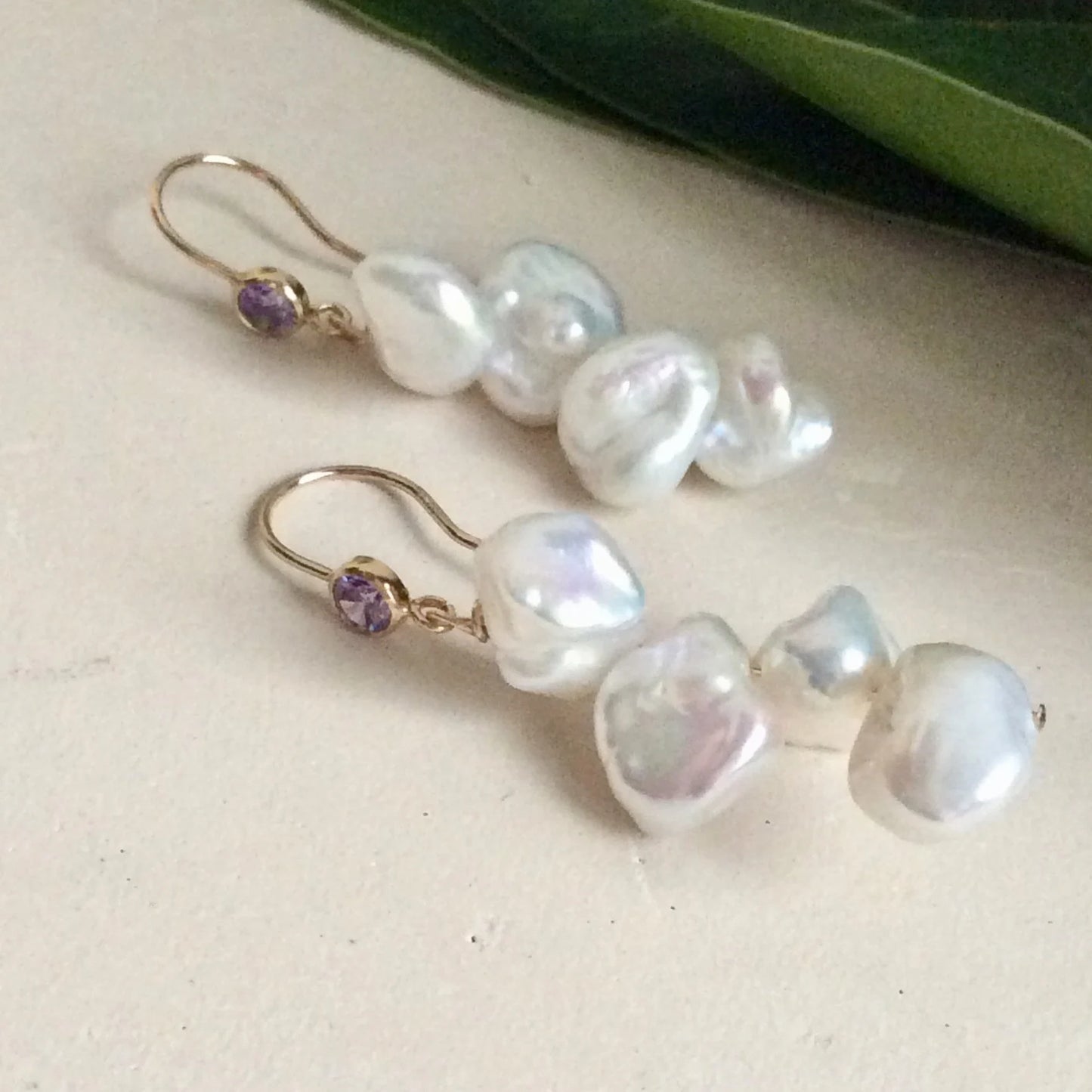 Keshi Pearl Drop Earrings – 14k Gold Filled with Purple CZ showcasing unique baroque pearls and elegant design.