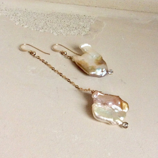 Mismatched Pearl Drop Earrings featuring asymmetrical pearls with clear CZ, 14k gold filled detail.