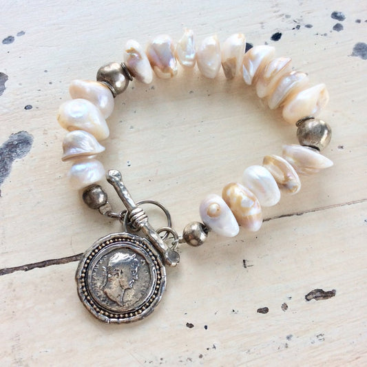 Baroque Pearl Charm Bracelet, Roman Coin Charm