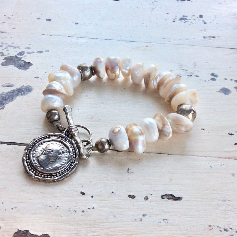 Baroque Pearl Charm Bracelet, Roman Coin Charm