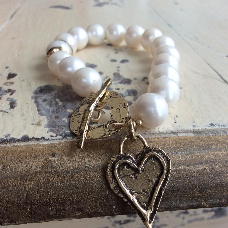 Large Pearls Love Charm Bracelet