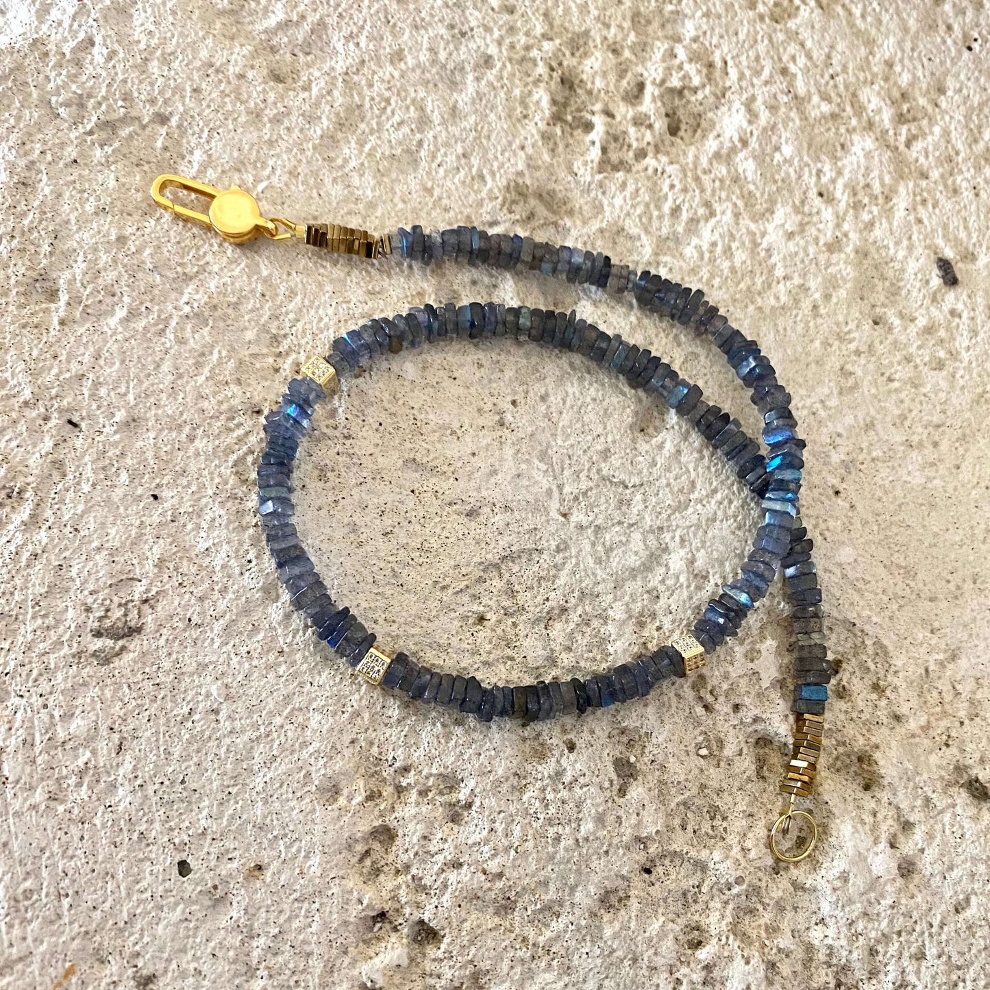 LABRADORITE SQUARE SHAPE BEADS STRAND WITH GLD CUBES